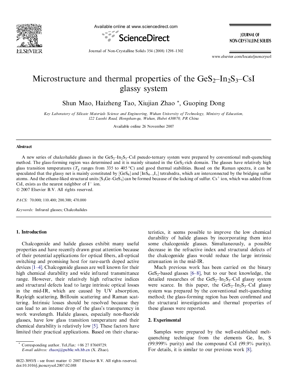عکس صفحه اول مقاله: Microstructure and thermal properties of the GeS2–In2S3–CsI glassy system Microstructure and thermal properties of the GeS2–In2S3–CsI glassy system