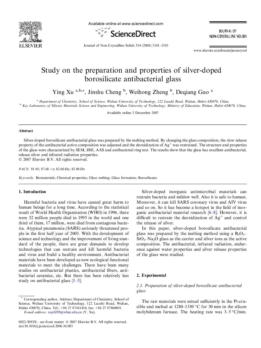 Study on the preparation and properties of silver-doped borosilicate antibacterial glass