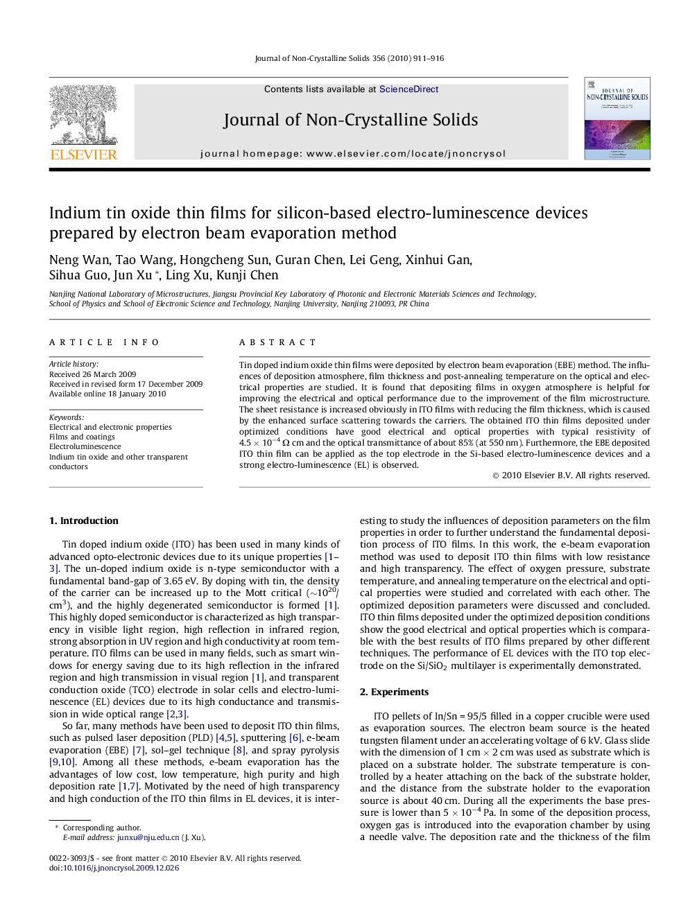 Indium tin oxide thin films for silicon-based electro-luminescence devices prepared by electron beam evaporation method