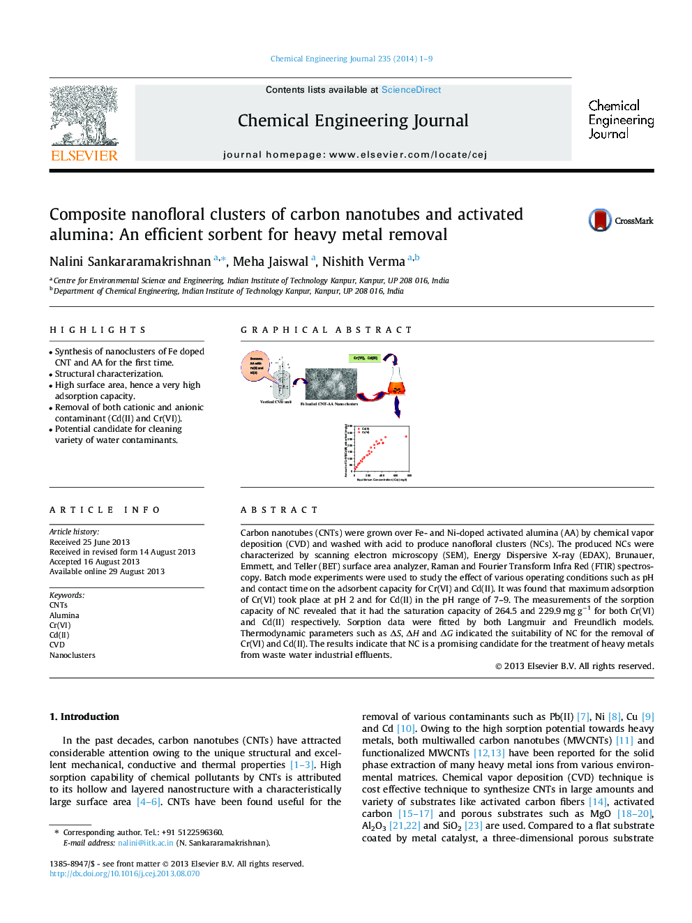 Composite nanofloral clusters of carbon nanotubes and activated alumina: An efficient sorbent for heavy metal removal