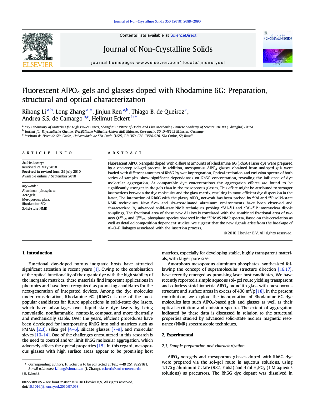 Fluorescent AlPO4 gels and glasses doped with Rhodamine 6G: Preparation, structural and optical characterization