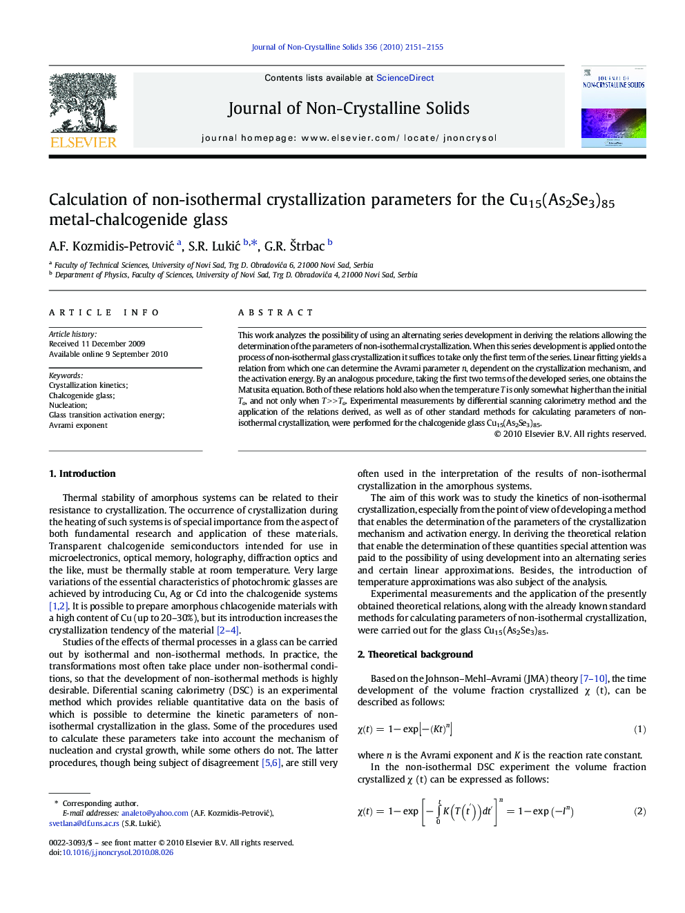 Calculation of non-isothermal crystallization parameters for the Cu15(As2Se3)85 metal-chalcogenide glass