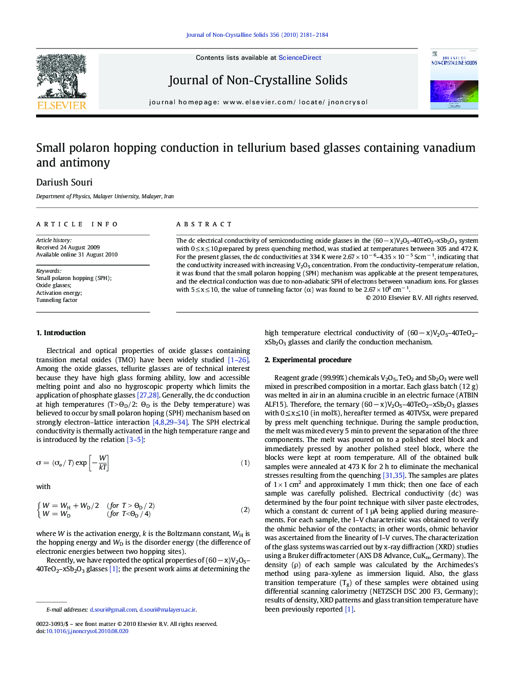 Small polaron hopping conduction in tellurium based glasses containing vanadium and antimony