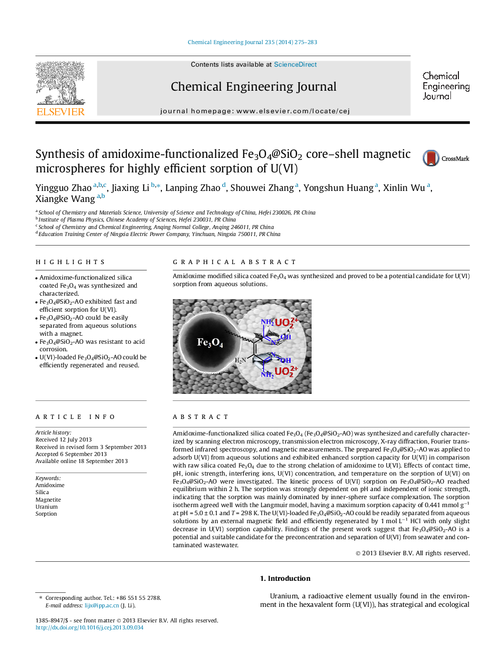 Synthesis of amidoxime-functionalized Fe3O4@SiO2 core–shell magnetic microspheres for highly efficient sorption of U(VI)