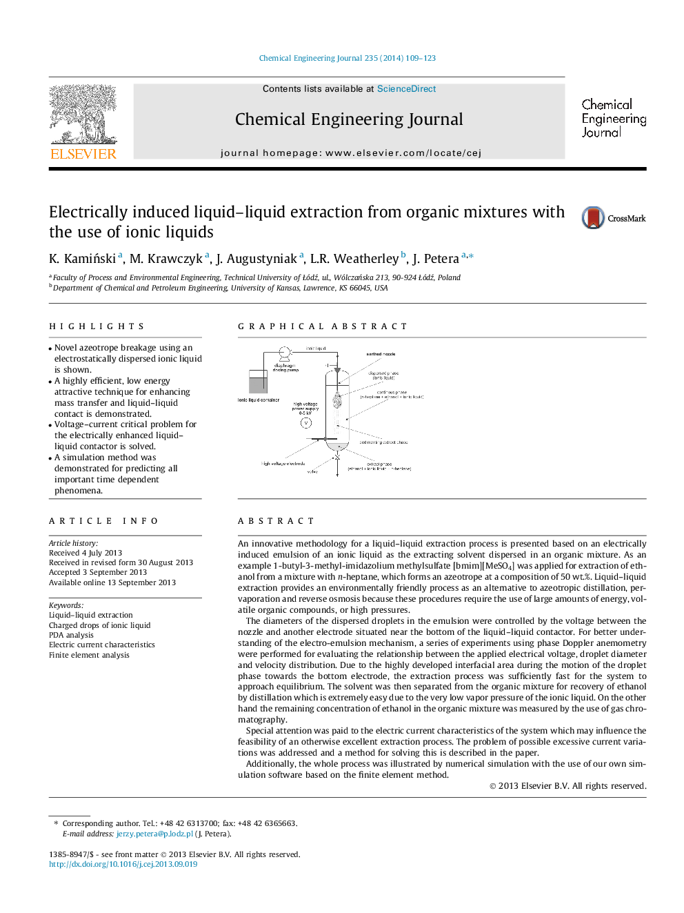 Electrically induced liquid–liquid extraction from organic mixtures with the use of ionic liquids