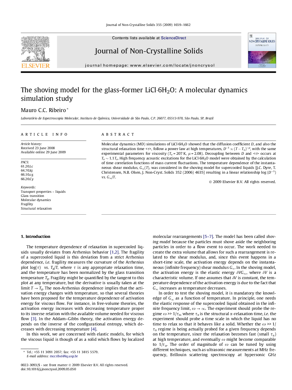 The shoving model for the glass-former LiClÂ·6H2O: A molecular dynamics simulation study