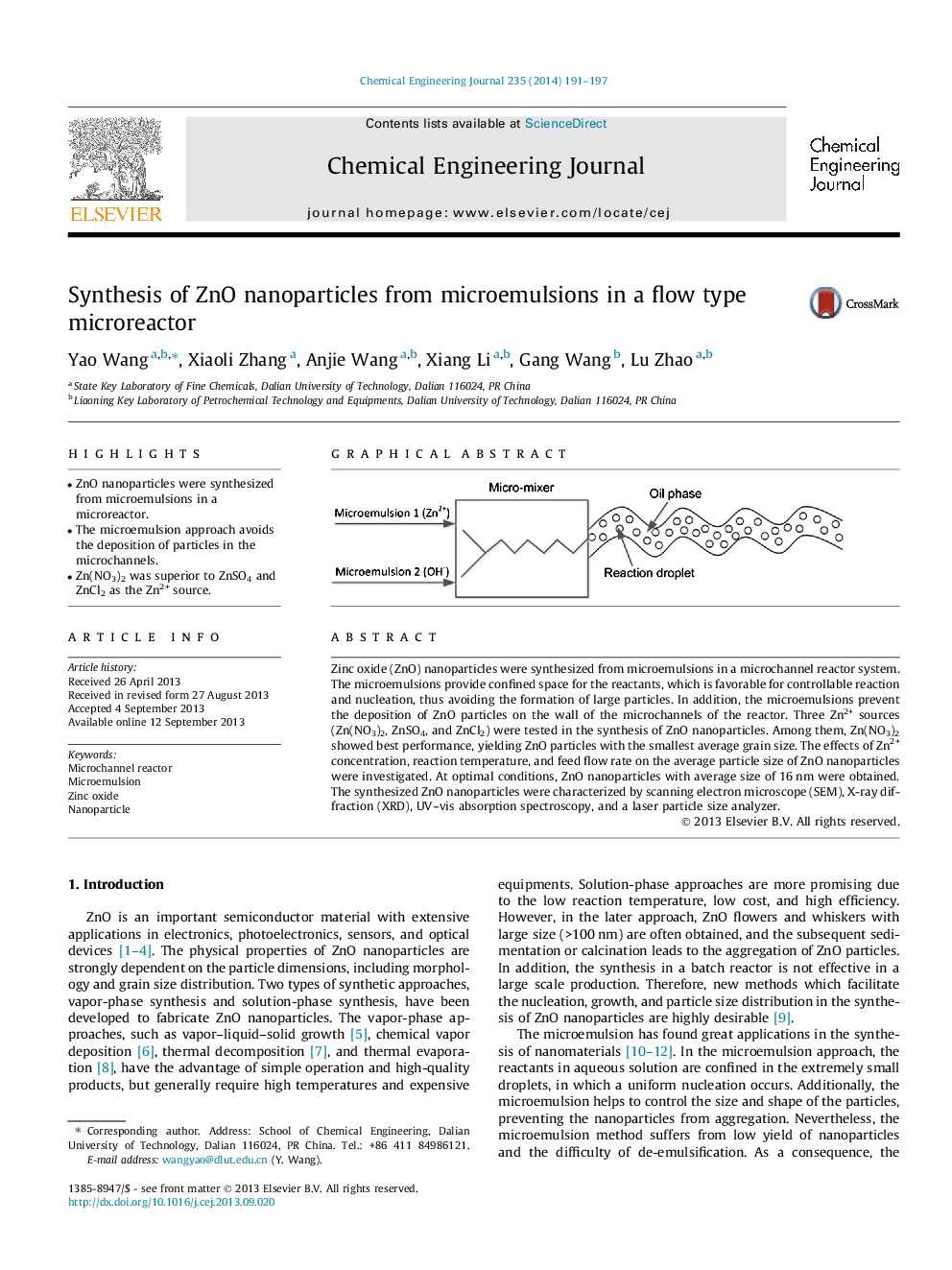 Synthesis of ZnO nanoparticles from microemulsions in a flow type microreactor