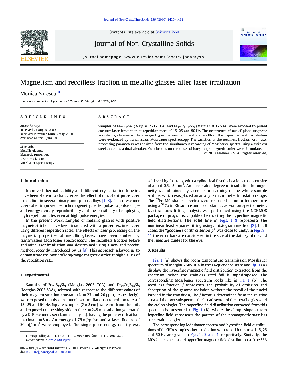 Magnetism and recoilless fraction in metallic glasses after laser irradiation