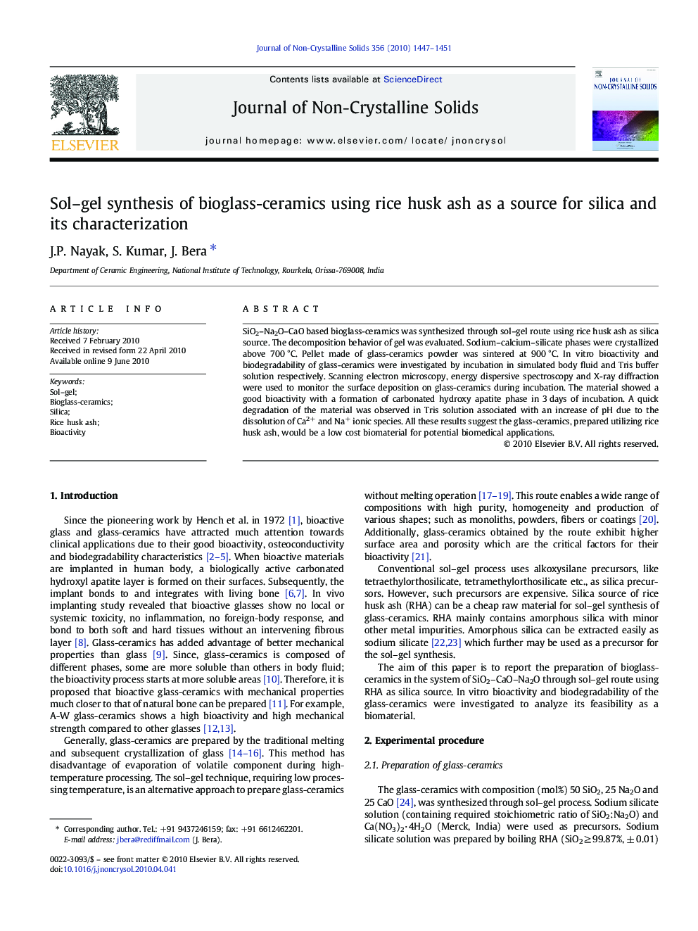 Sol–gel synthesis of bioglass-ceramics using rice husk ash as a source for silica and its characterization