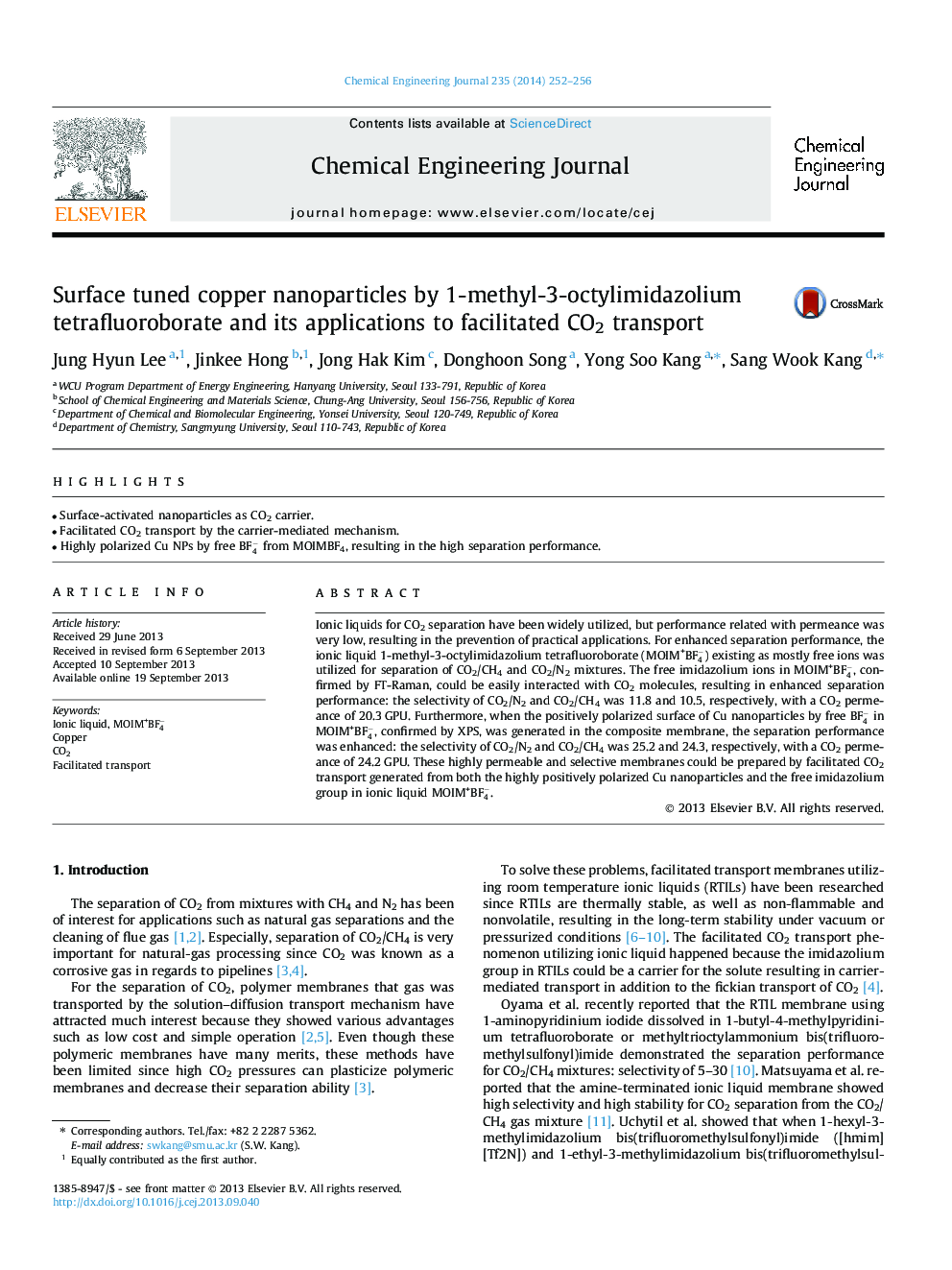 Surface tuned copper nanoparticles by 1-methyl-3-octylimidazolium tetrafluoroborate and its applications to facilitated CO2 transport