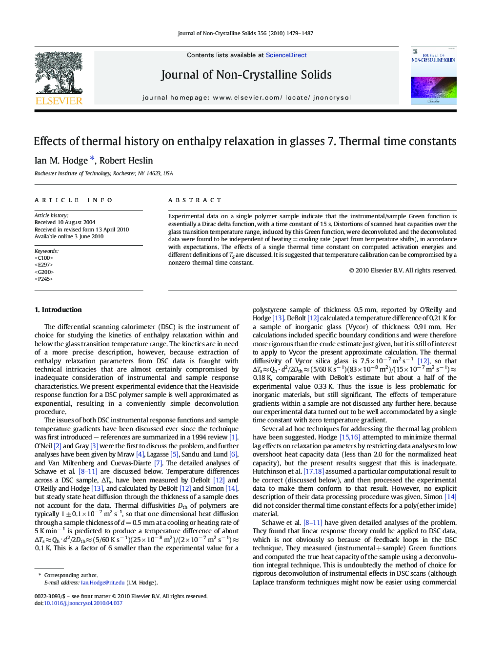 Effects of thermal history on enthalpy relaxation in glasses 7. Thermal time constants