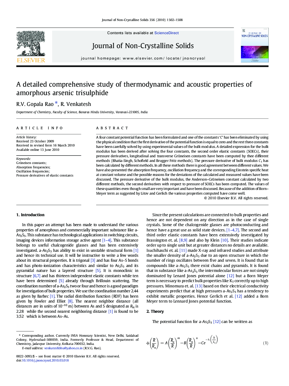 A detailed comprehensive study of thermodynamic and acoustic properties of amorphous arsenic trisulphide
