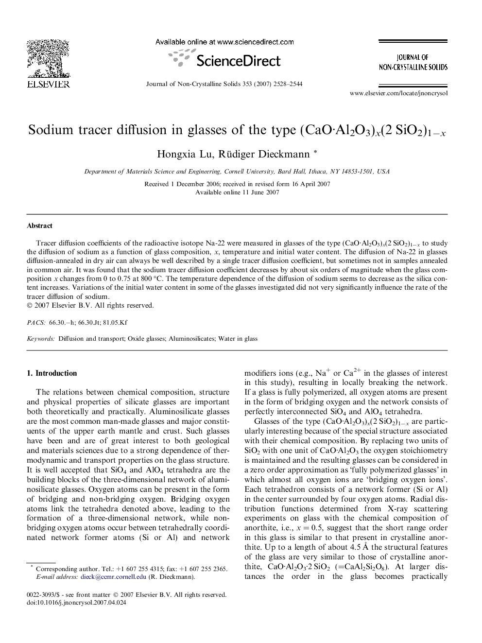 Sodium tracer diffusion in glasses of the type (CaO·Al2O3)x(2 SiO2)1−x