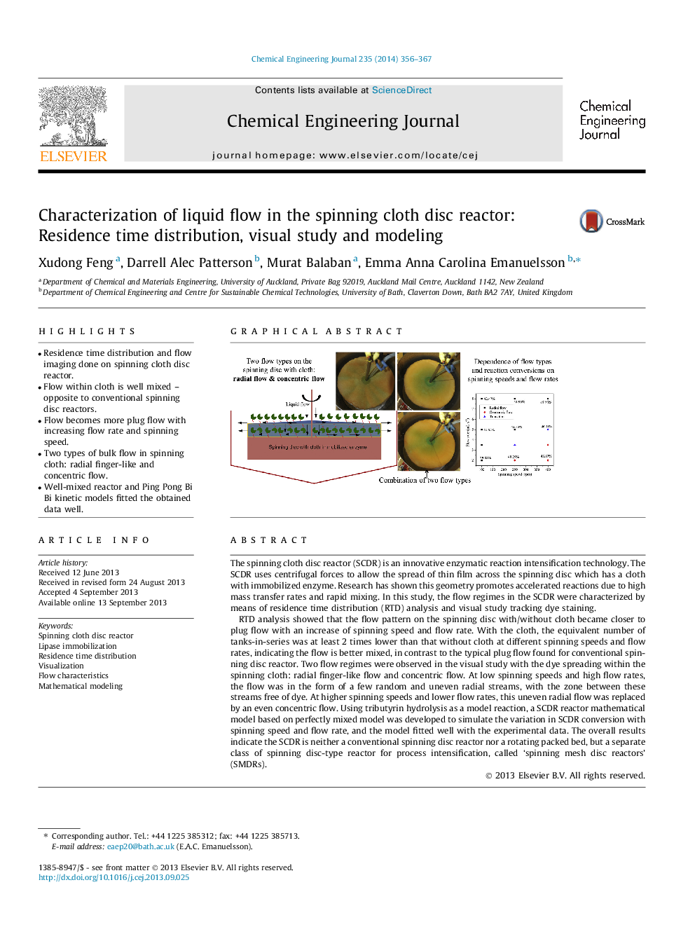 Characterization of liquid flow in the spinning cloth disc reactor: Residence time distribution, visual study and modeling