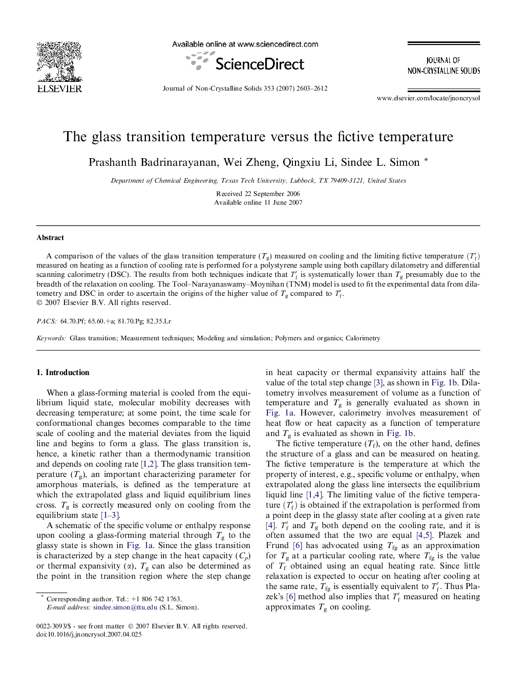 The glass transition temperature versus the fictive temperature