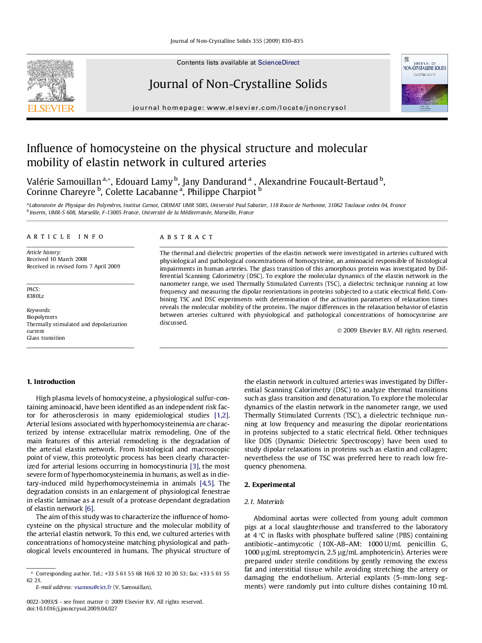 Influence of homocysteine on the physical structure and molecular mobility of elastin network in cultured arteries