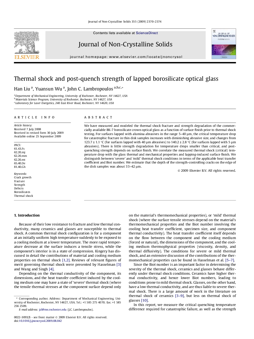 Thermal shock and post-quench strength of lapped borosilicate optical glass