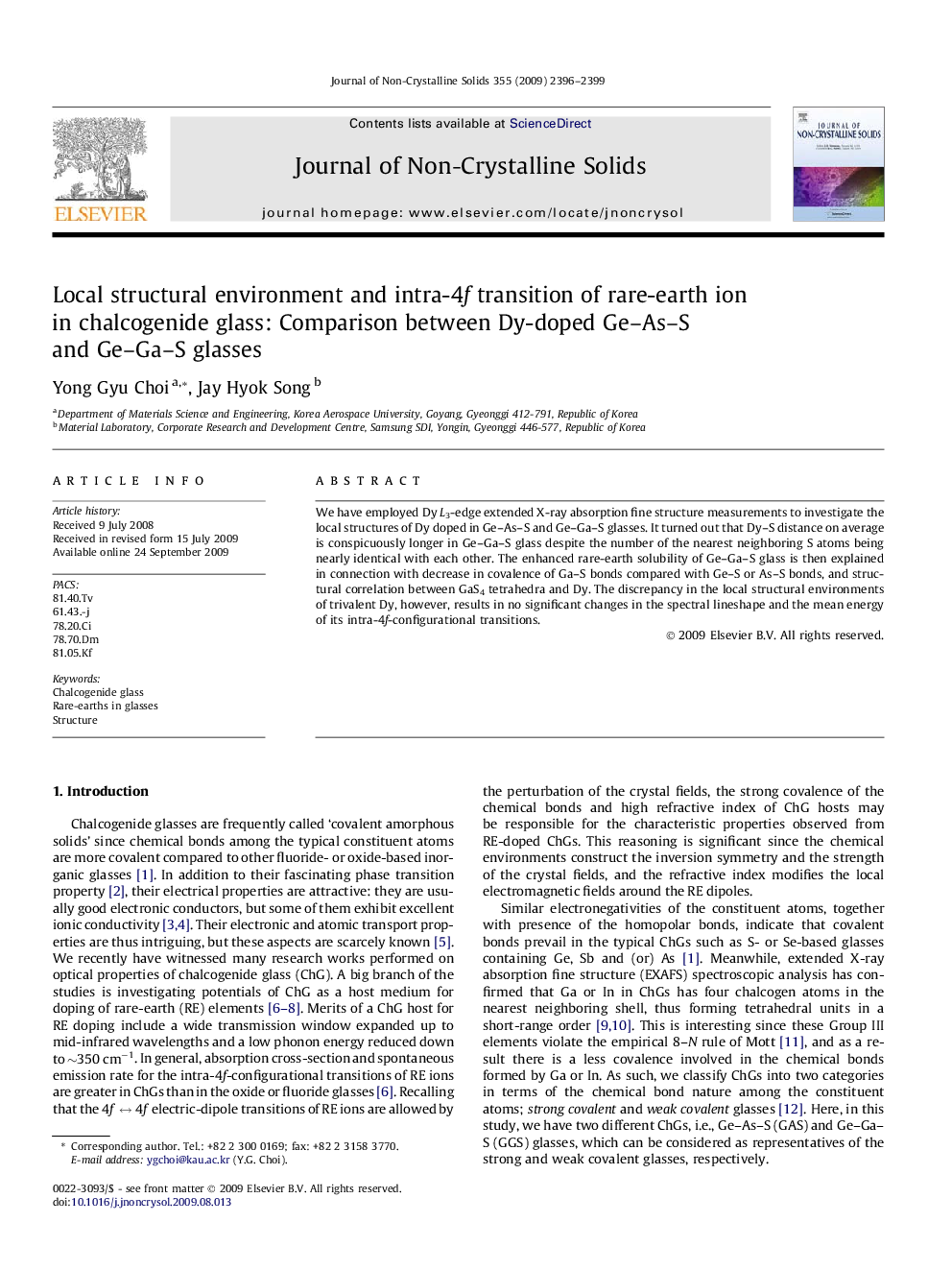 Local structural environment and intra-4f transition of rare-earth ion in chalcogenide glass: Comparison between Dy-doped Ge–As–S and Ge–Ga–S glasses