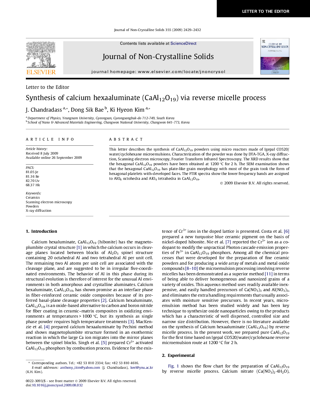 Synthesis of calcium hexaaluminate (CaAl12O19) via reverse micelle process