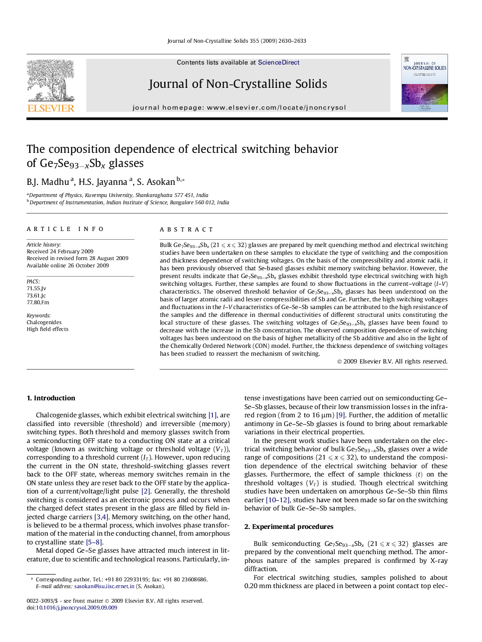 عکس صفحه اول مقاله: The composition dependence of electrical switching behavior of Ge7Se93−xSbx glasses The composition dependence of electrical switching behavior of Ge7Se93−xSbx glasses