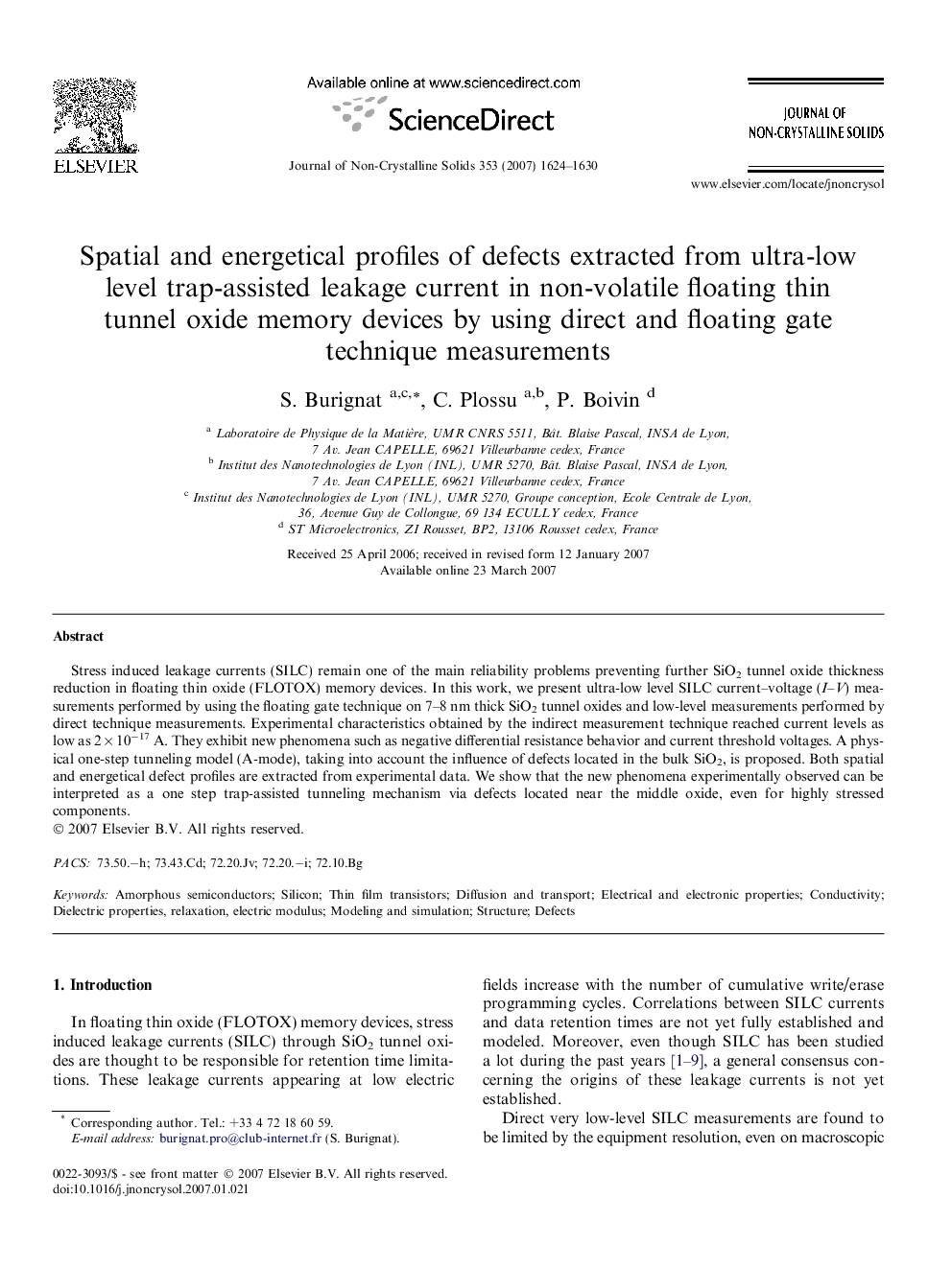عکس صفحه اول مقاله: Spatial and energetical profiles of defects extracted from ultra-low level trap-assisted leakage current in non-volatile floating thin tunnel oxide memory devices by using direct and floating gate technique measurements Spatial and energetical profiles of defects extracted from ultra-low level trap-assisted leakage current in non-volatile floating thin tunnel oxide memory devices by using direct and floating gate technique measurements