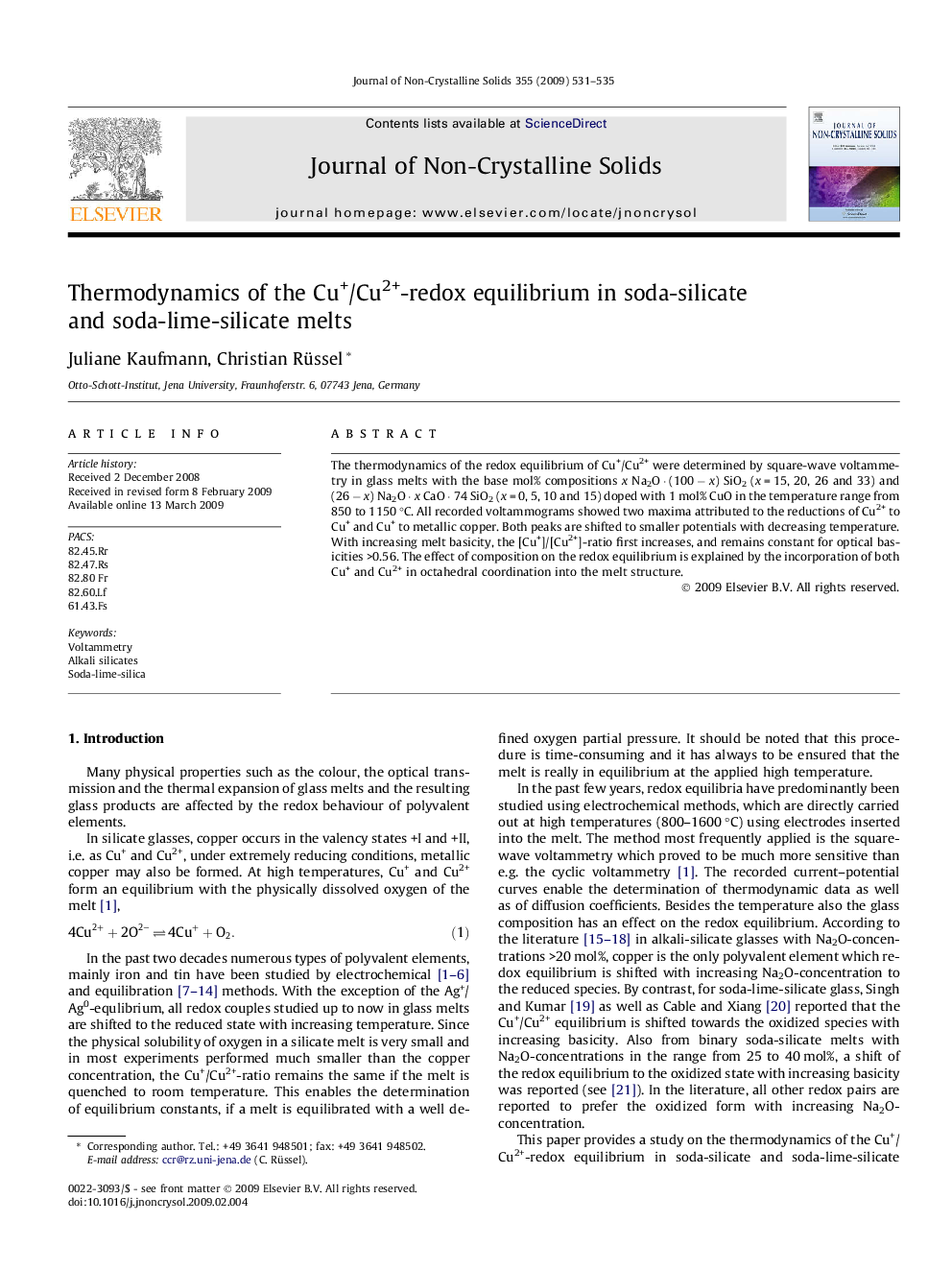 Thermodynamics of the Cu+/Cu2+-redox equilibrium in soda-silicate and soda-lime-silicate melts