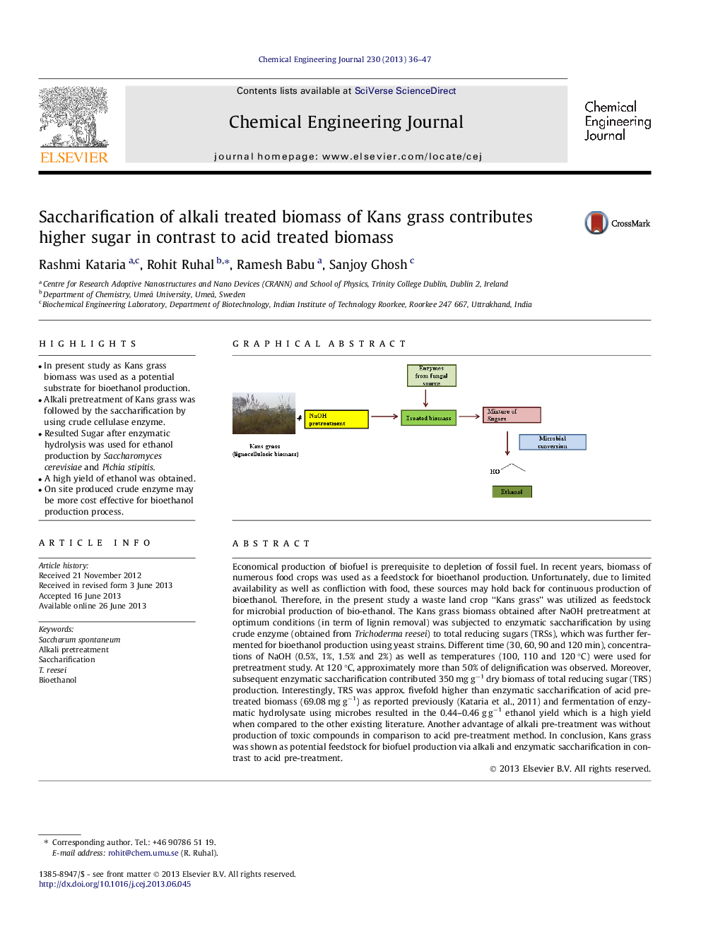 عکس صفحه اول مقاله: Saccharification of alkali treated biomass of Kans grass contributes higher sugar in contrast to acid treated biomass Saccharification of alkali treated biomass of Kans grass contributes higher sugar in contrast to acid treated biomass