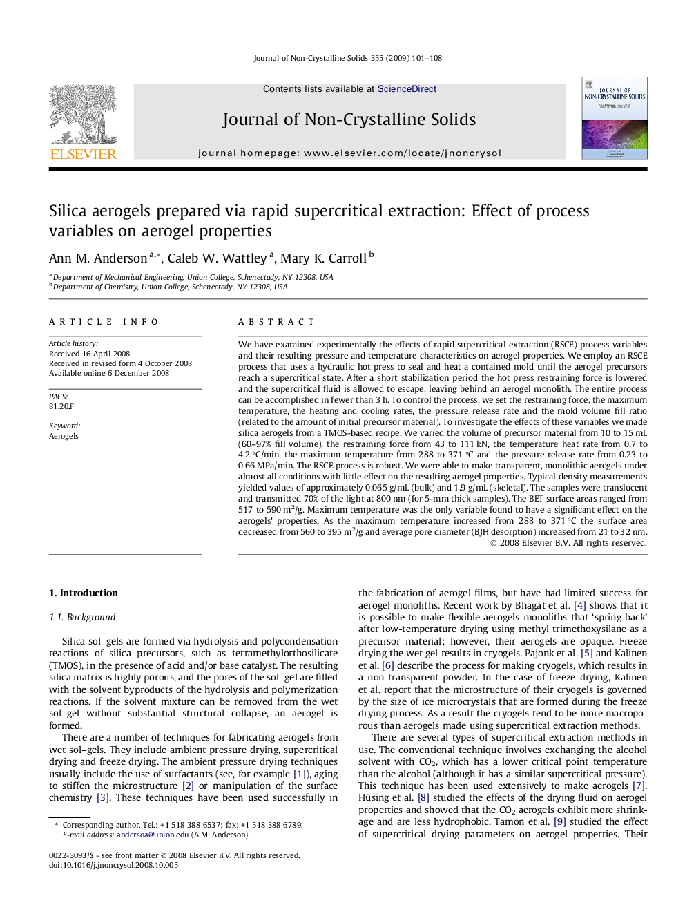 عکس صفحه اول مقاله: Silica aerogels prepared via rapid supercritical extraction: Effect of process variables on aerogel properties Silica aerogels prepared via rapid supercritical extraction: Effect of process variables on aerogel properties