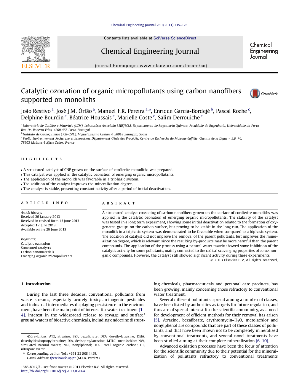 Catalytic ozonation of organic micropollutants using carbon nanofibers supported on monoliths