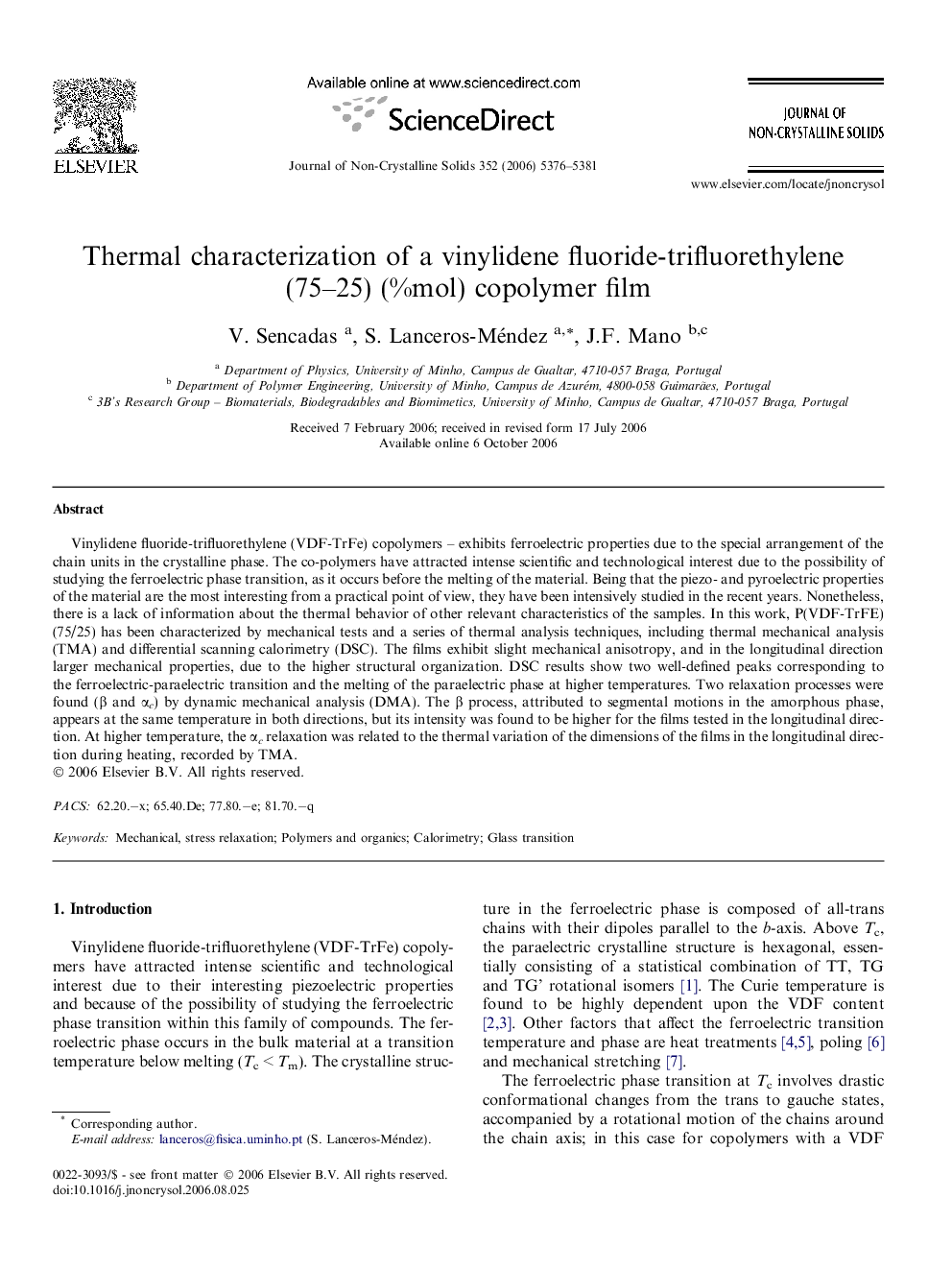 Thermal characterization of a vinylidene fluoride-trifluorethylene (75–25) (%mol) copolymer film