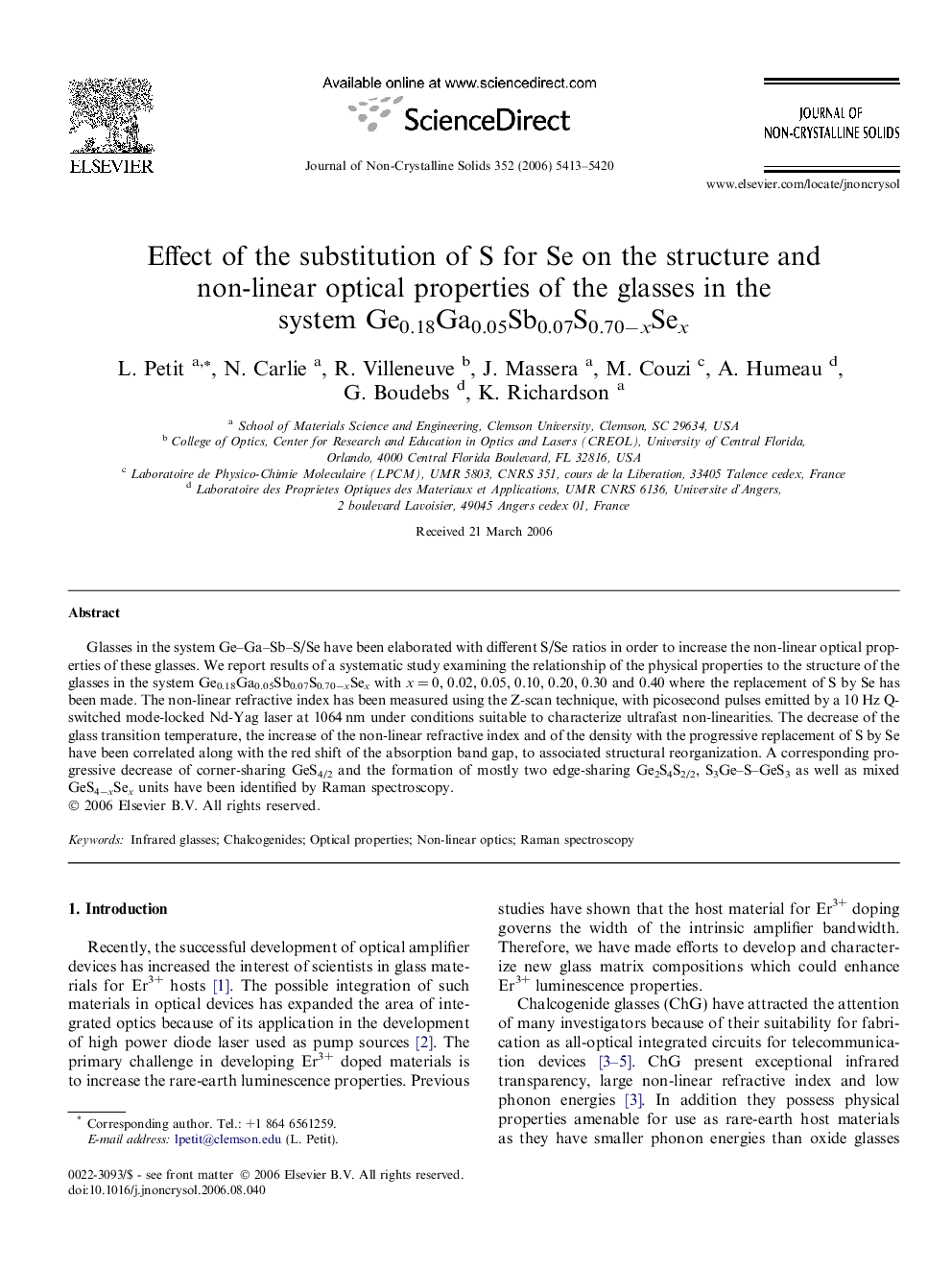 Effect of the substitution of S for Se on the structure and non-linear optical properties of the glasses in the system Ge0.18Ga0.05Sb0.07S0.70−xSex