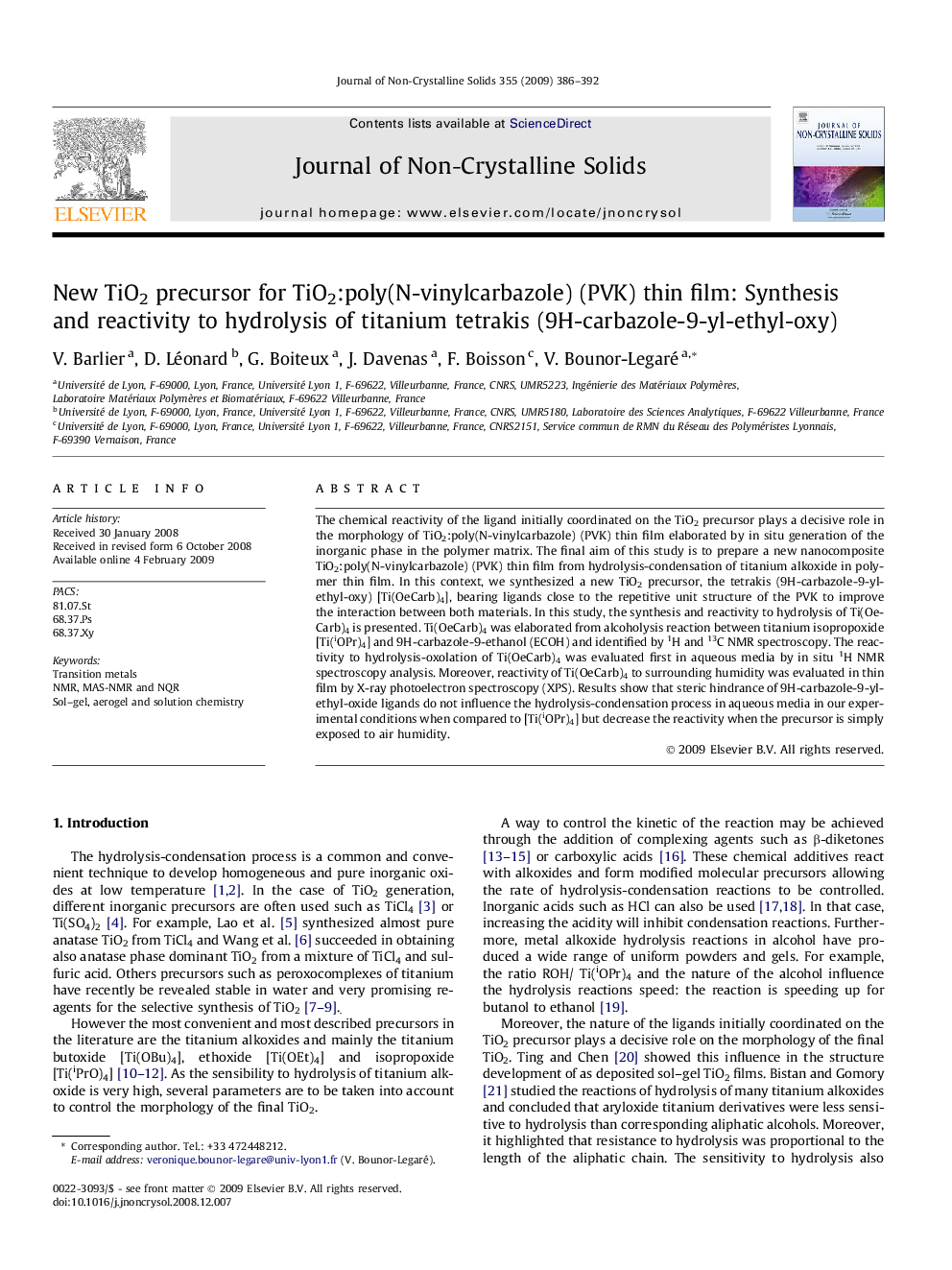 New TiO2 precursor for TiO2:poly(N-vinylcarbazole) (PVK) thin film: Synthesis and reactivity to hydrolysis of titanium tetrakis (9H-carbazole-9-yl-ethyl-oxy)