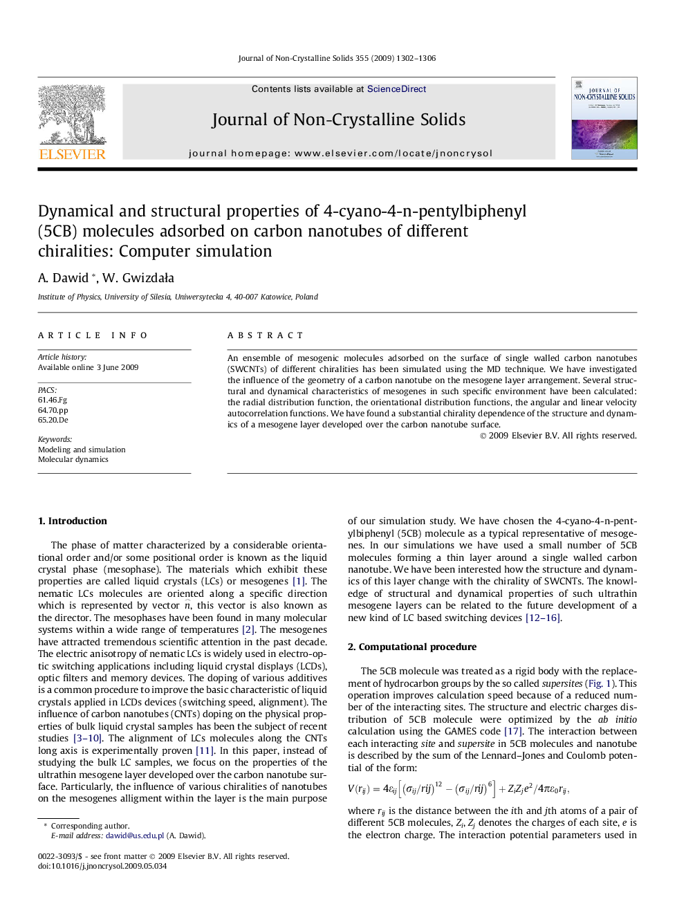 عکس صفحه اول مقاله: Dynamical and structural properties of 4-cyano-4-n-pentylbiphenyl (5CB) molecules adsorbed on carbon nanotubes of different chiralities: Computer simulation Dynamical and structural properties of 4-cyano-4-n-pentylbiphenyl (5CB) molecules adsorbed on carbon nanotubes of different chiralities: Computer simulation