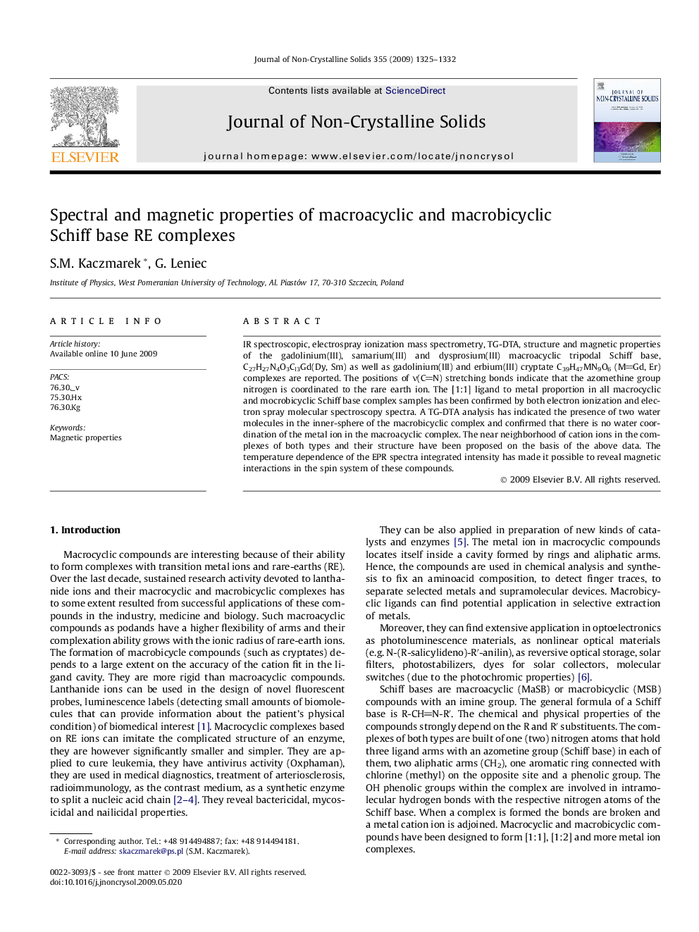 عکس صفحه اول مقاله: Spectral and magnetic properties of macroacyclic and macrobicyclic Schiff base RE complexes Spectral and magnetic properties of macroacyclic and macrobicyclic Schiff base RE complexes