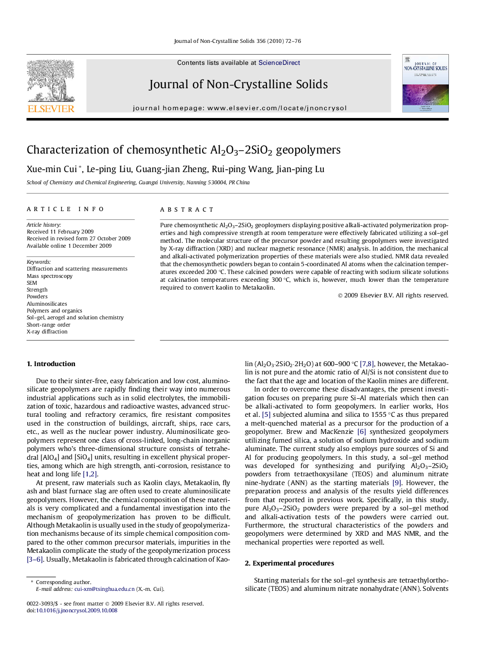 Characterization of chemosynthetic Al2O3–2SiO2 geopolymers