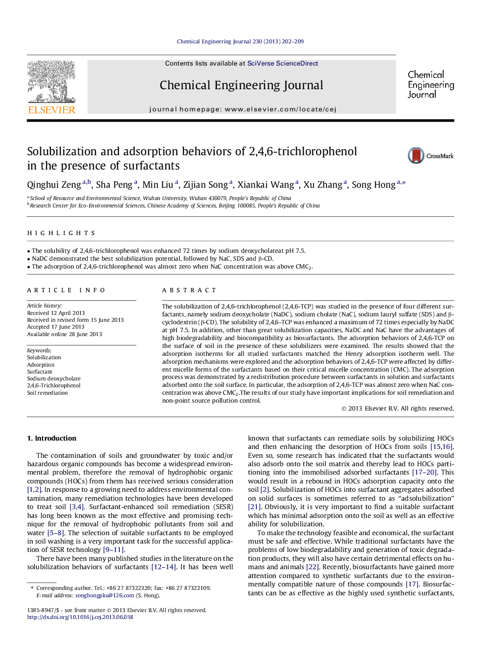 عکس صفحه اول مقاله: Solubilization and adsorption behaviors of 2,4,6-trichlorophenol in the presence of surfactants Solubilization and adsorption behaviors of 2,4,6-trichlorophenol in the presence of surfactants