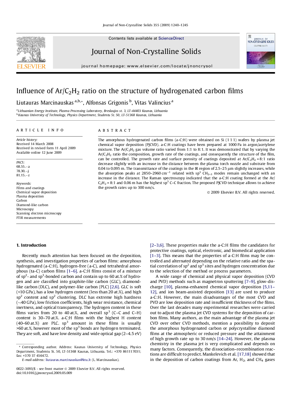 Influence of Ar/C2H2 ratio on the structure of hydrogenated carbon films