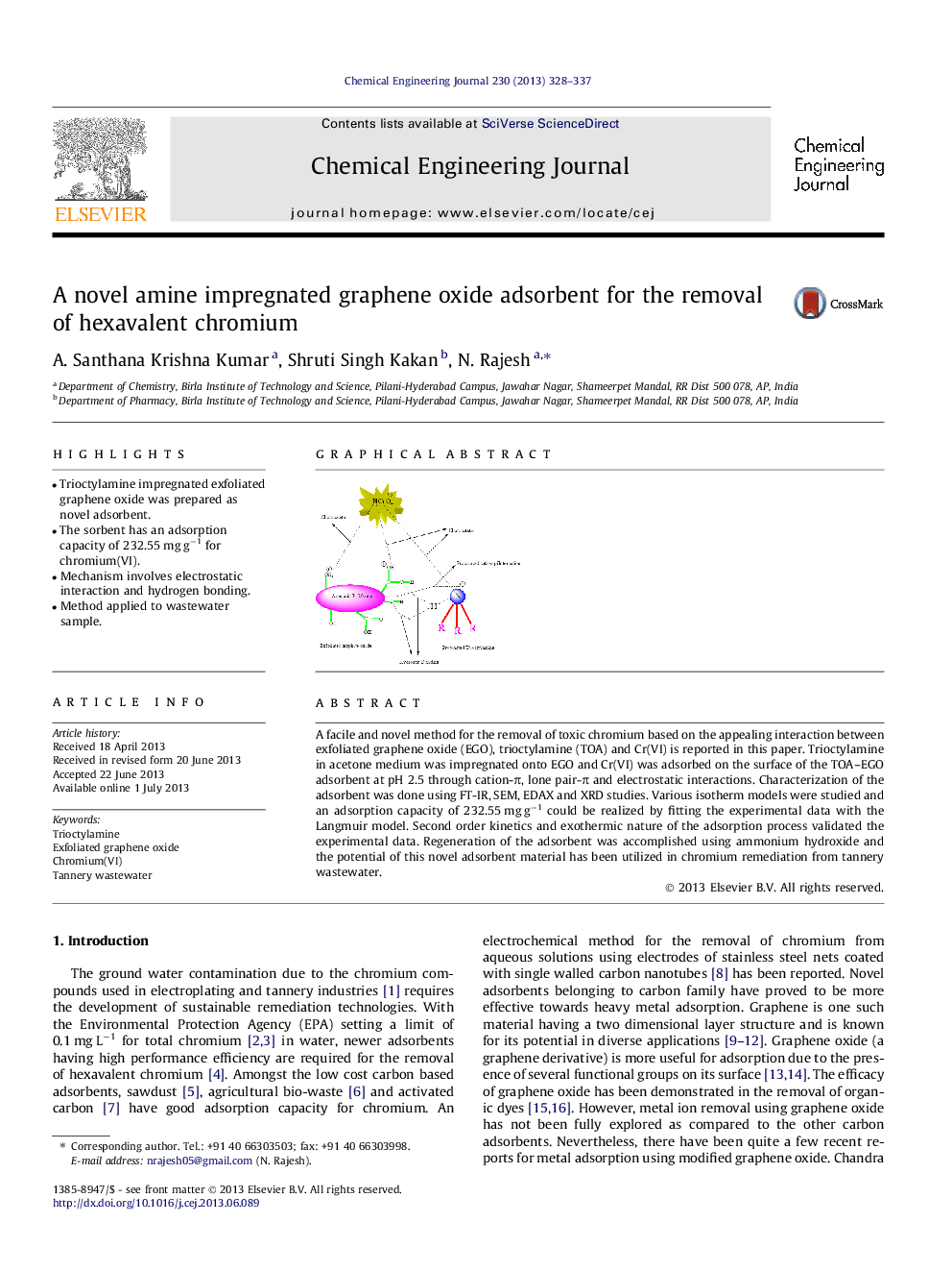 A novel amine impregnated graphene oxide adsorbent for the removal of hexavalent chromium