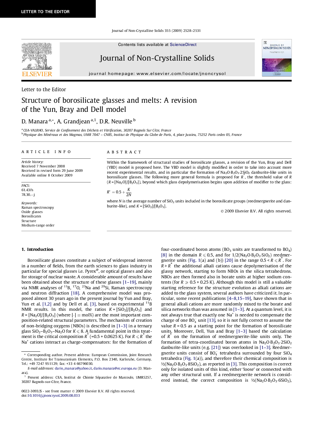 Structure of borosilicate glasses and melts: A revision of the Yun, Bray and Dell model