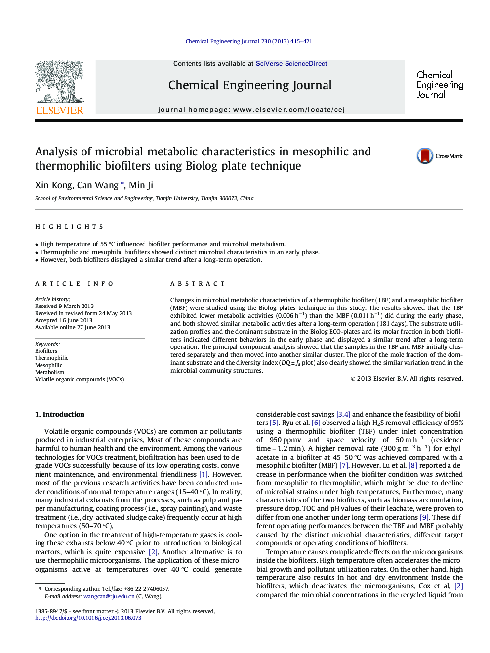 Analysis of microbial metabolic characteristics in mesophilic and thermophilic biofilters using Biolog plate technique