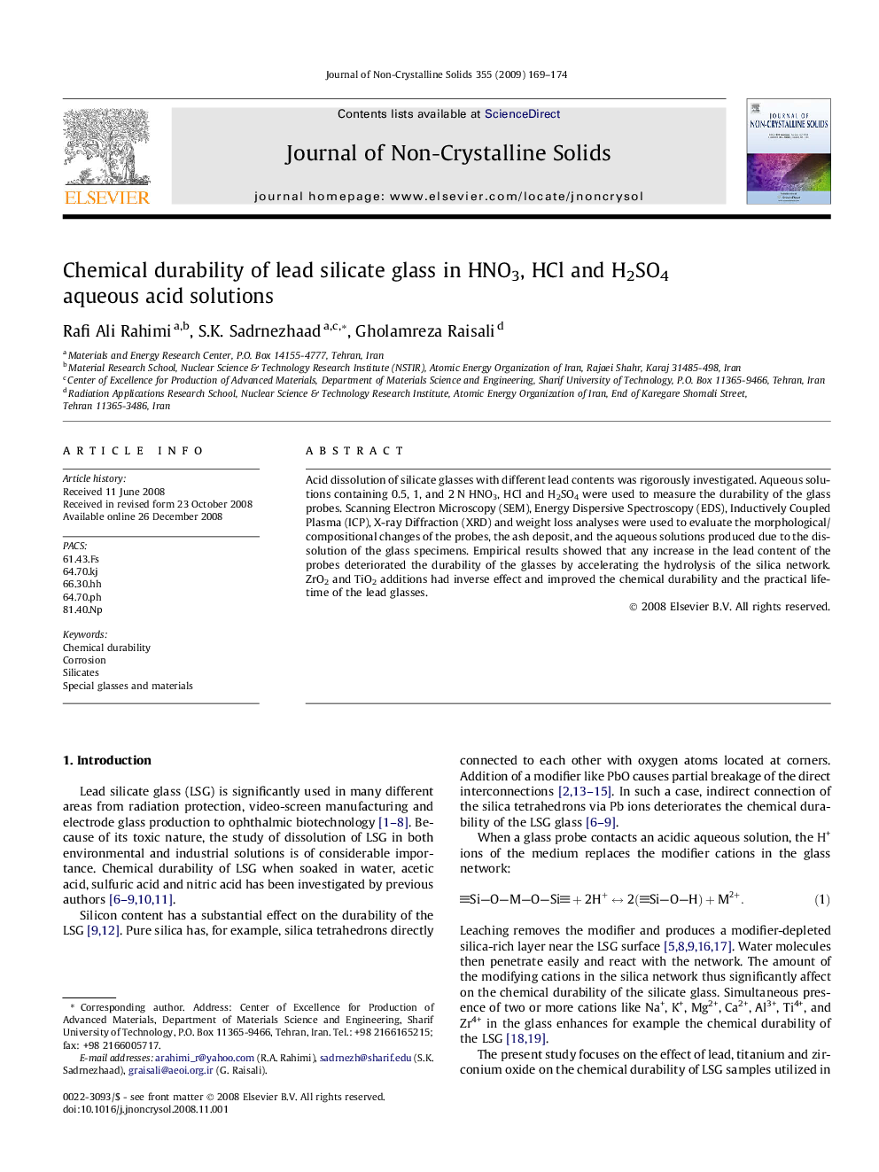 Chemical durability of lead silicate glass in HNO3, HCl and H2SO4 aqueous acid solutions