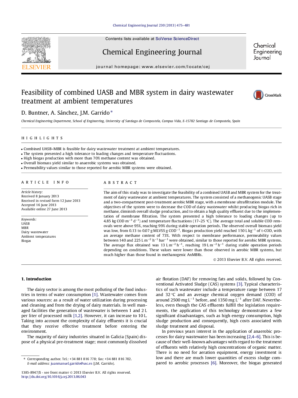 Feasibility of combined UASB and MBR system in dairy wastewater treatment at ambient temperatures