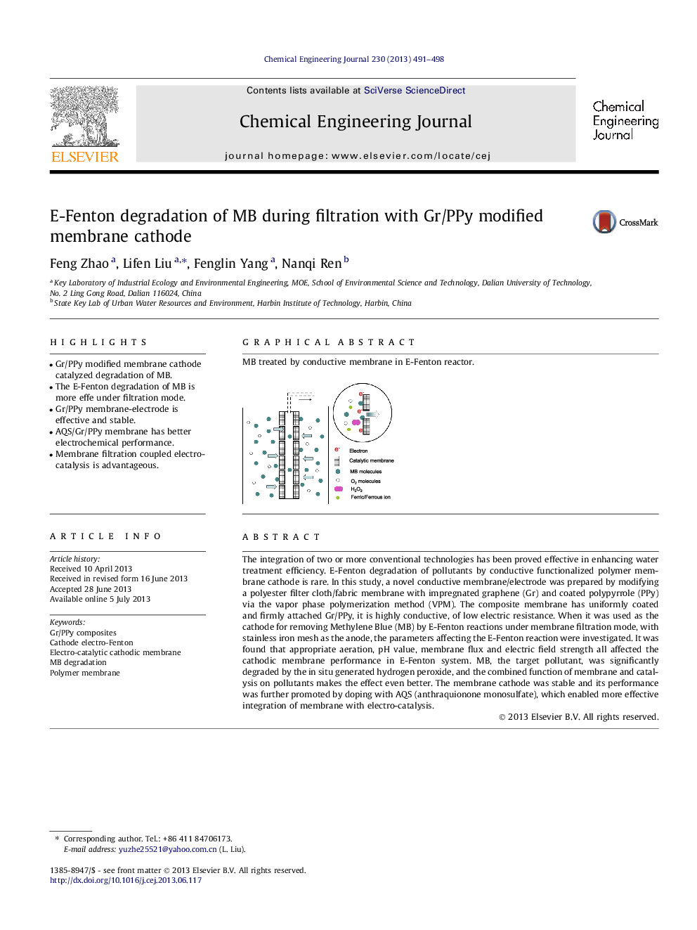 E-Fenton degradation of MB during filtration with Gr/PPy modified membrane cathode