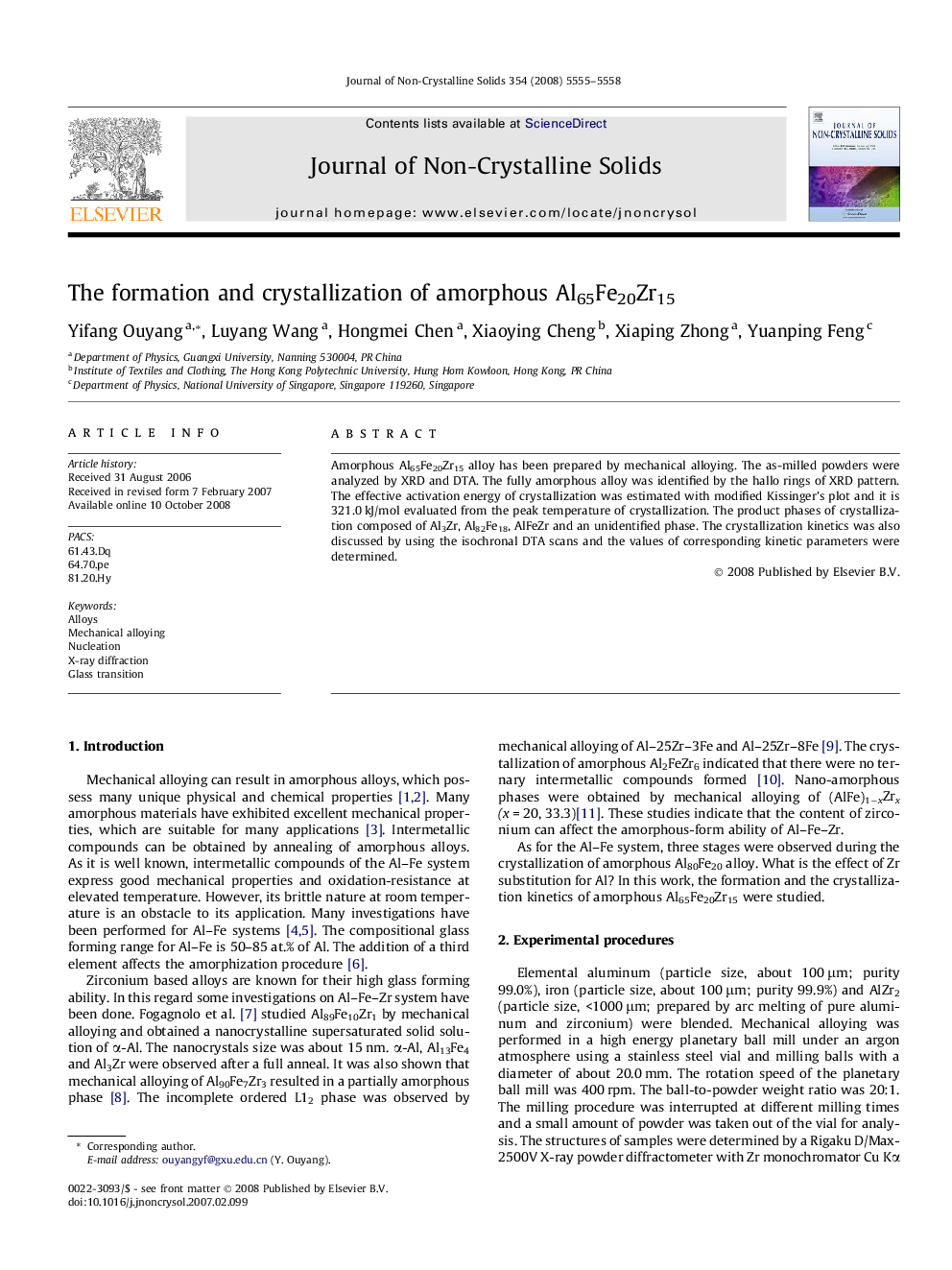 The formation and crystallization of amorphous Al65Fe20Zr15