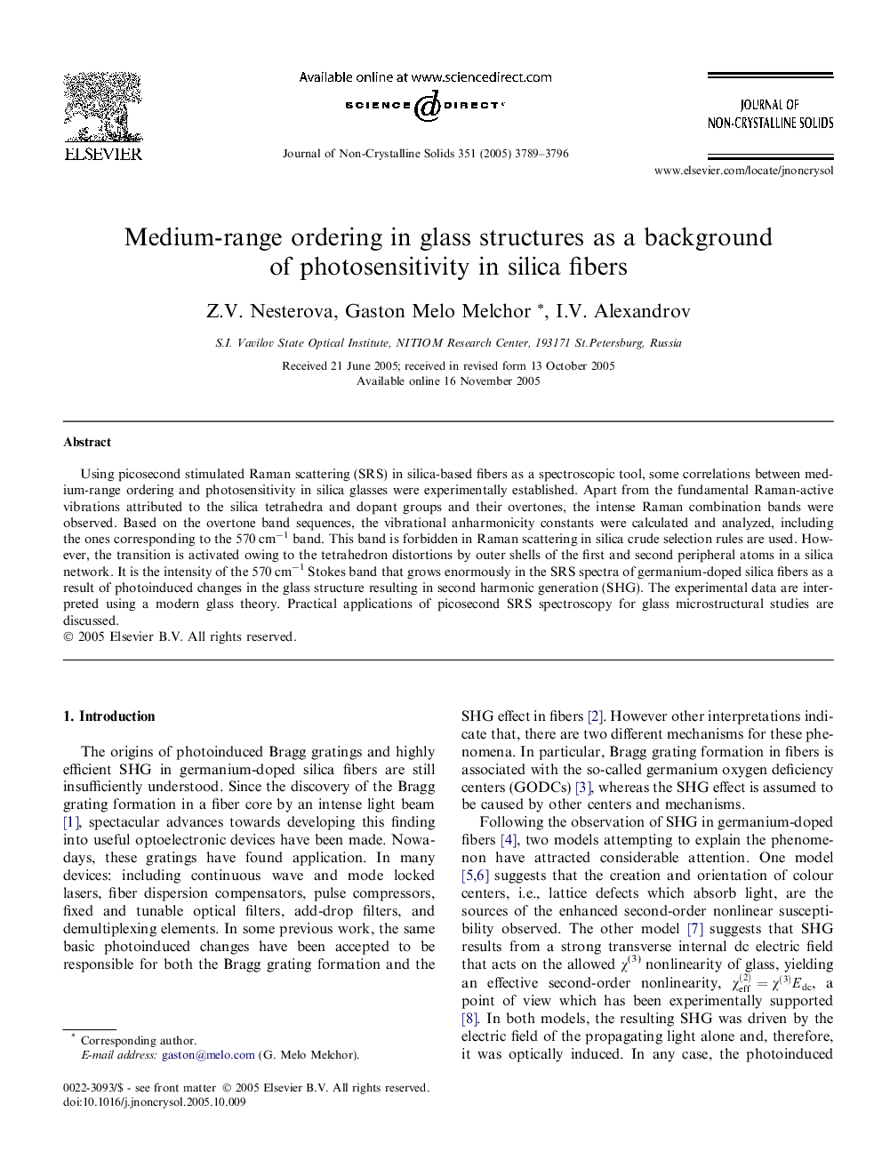 عکس صفحه اول مقاله: Medium-range ordering in glass structures as a background of photosensitivity in silica fibers Medium-range ordering in glass structures as a background of photosensitivity in silica fibers