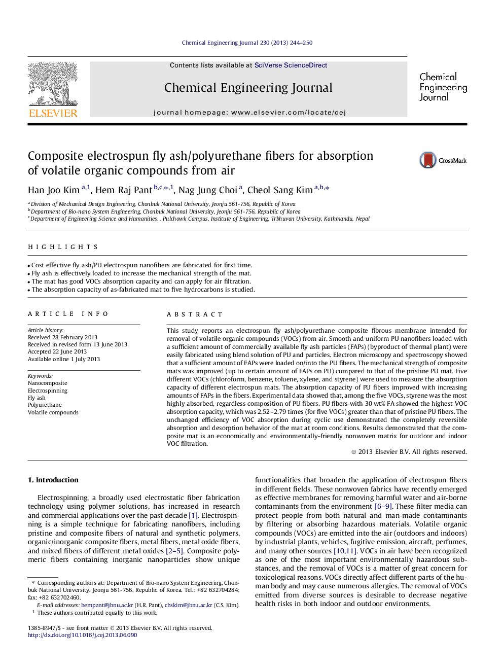 عکس صفحه اول مقاله: Composite electrospun fly ash/polyurethane fibers for absorption of volatile organic compounds from air Composite electrospun fly ash/polyurethane fibers for absorption of volatile organic compounds from air