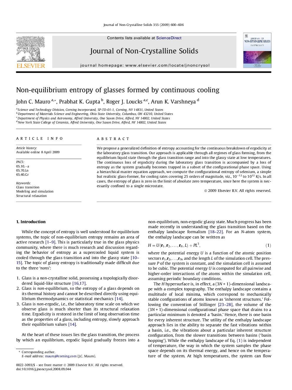 Non-equilibrium entropy of glasses formed by continuous cooling