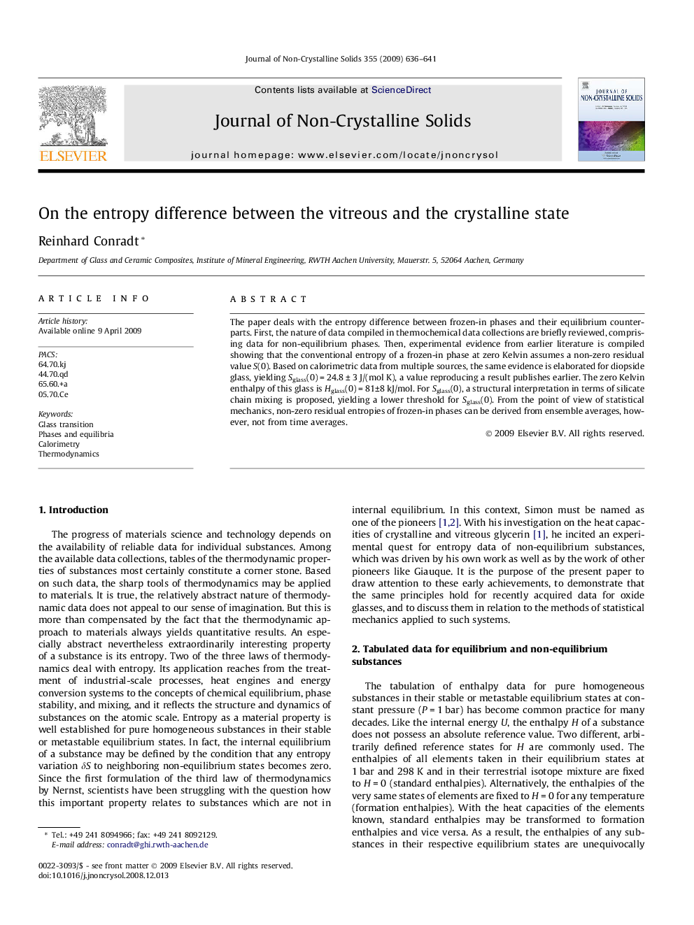 On the entropy difference between the vitreous and the crystalline state