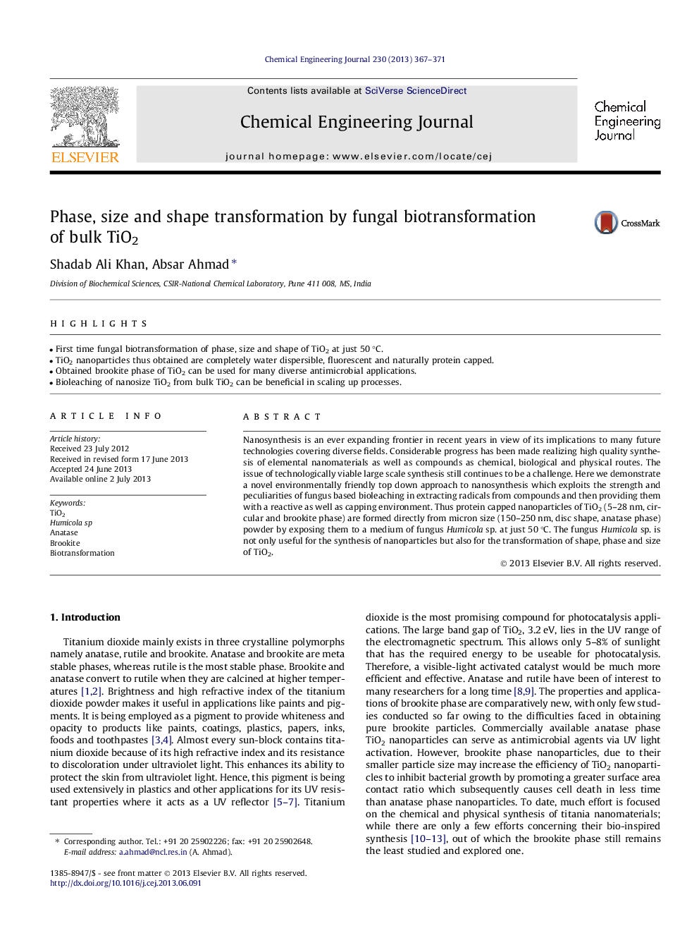 Phase, size and shape transformation by fungal biotransformation of bulk TiO2