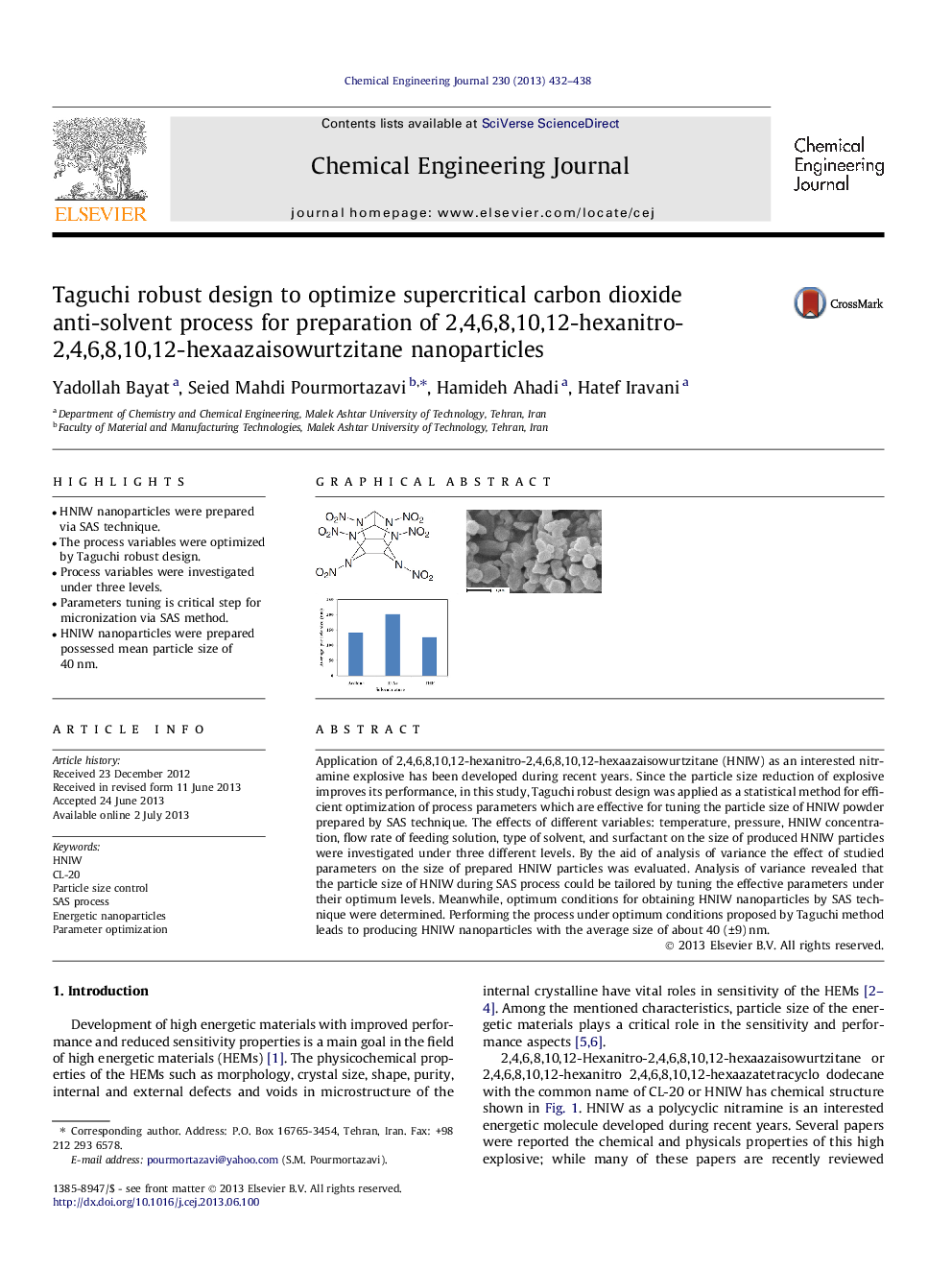 Taguchi robust design to optimize supercritical carbon dioxide anti-solvent process for preparation of 2,4,6,8,10,12-hexanitro-2,4,6,8,10,12-hexaazaisowurtzitane nanoparticles